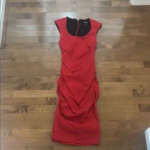 Le Chateau Red Ruched Sheath Midi Dress